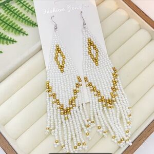 White and gold seed bead boho style earrings